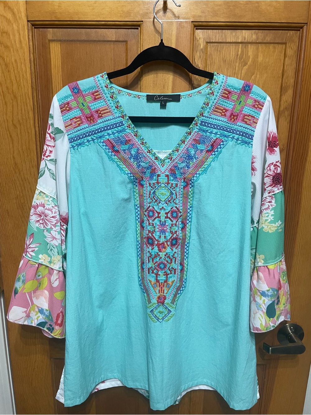 CALEESA Turquoise Blue Embroidered Boho Tunic Shirt Floral Bell Sleeves Hippie L